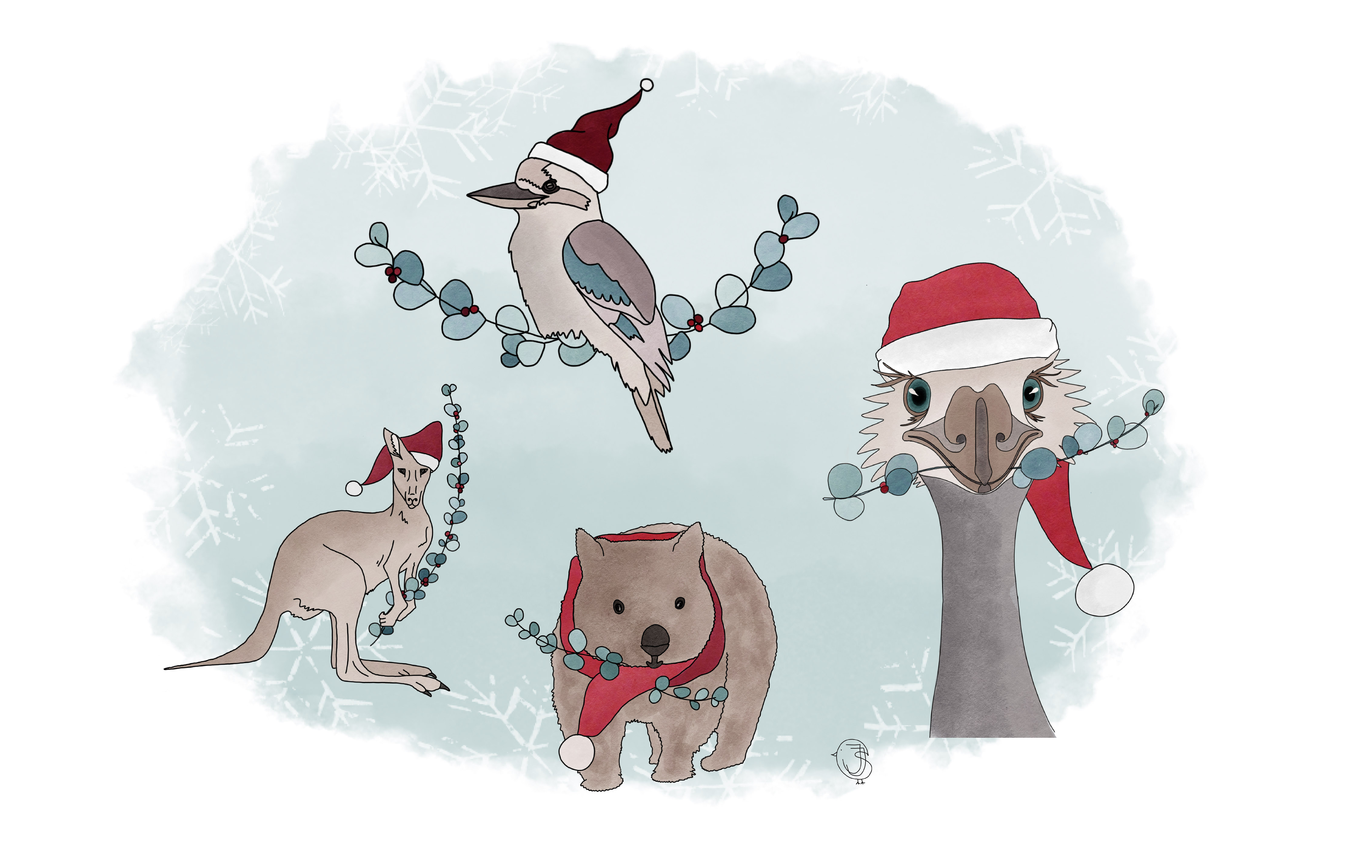 illustration of australian animals with christmas decoration