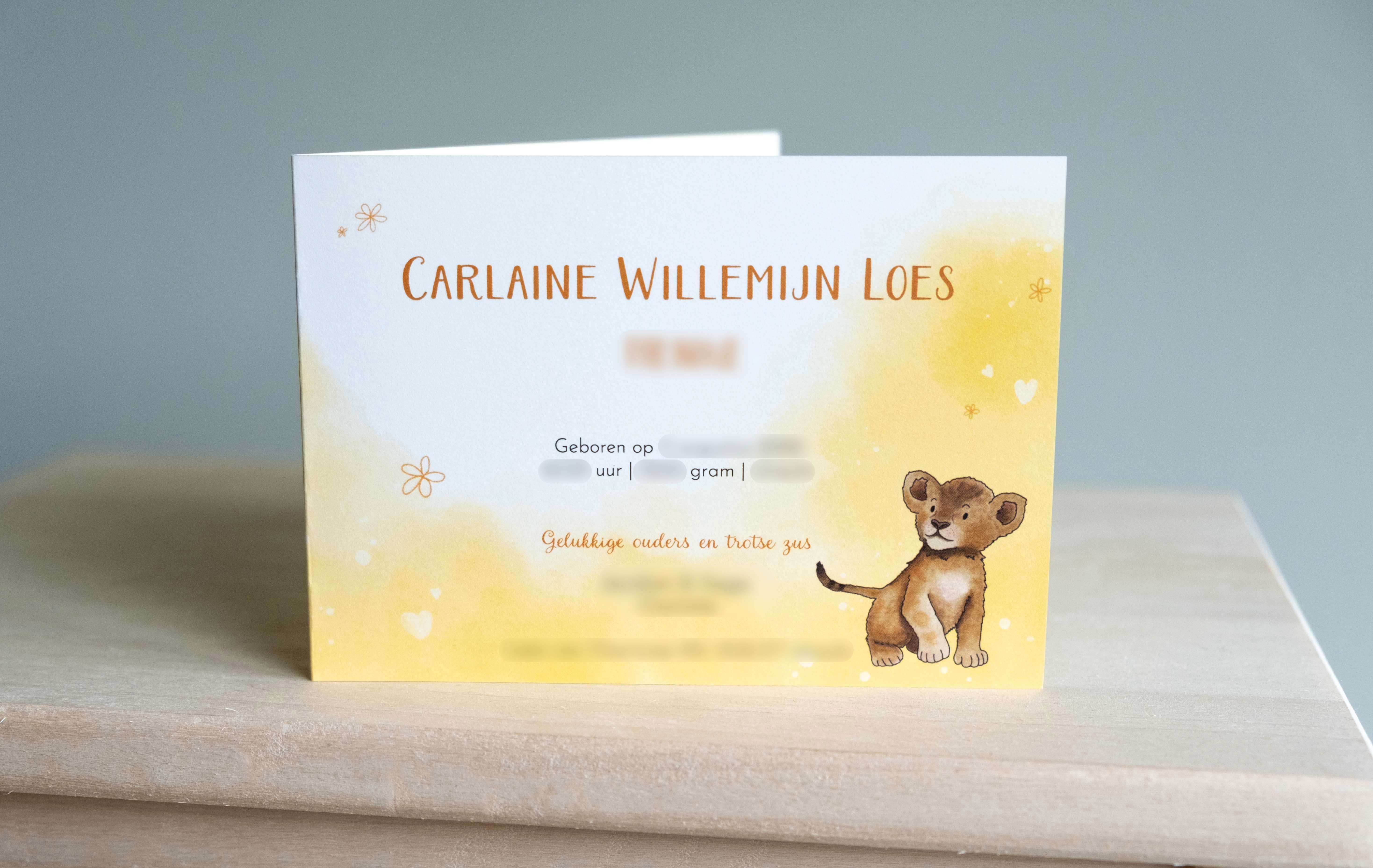 photo of a birth card for carlaine