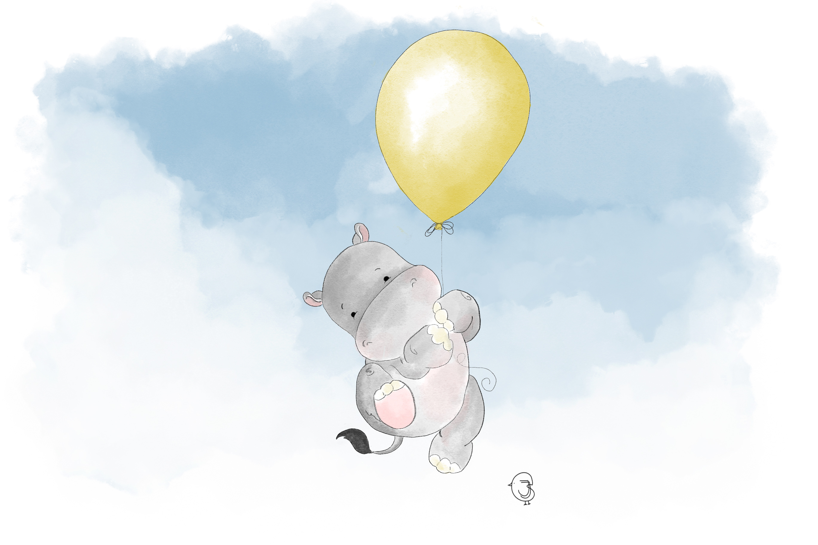 illustration of a hippo hanging on a balloon