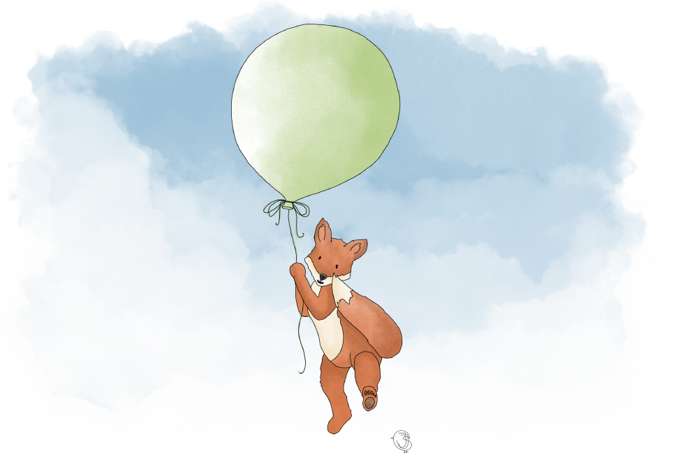 illustration of a fox hanging on a balloon